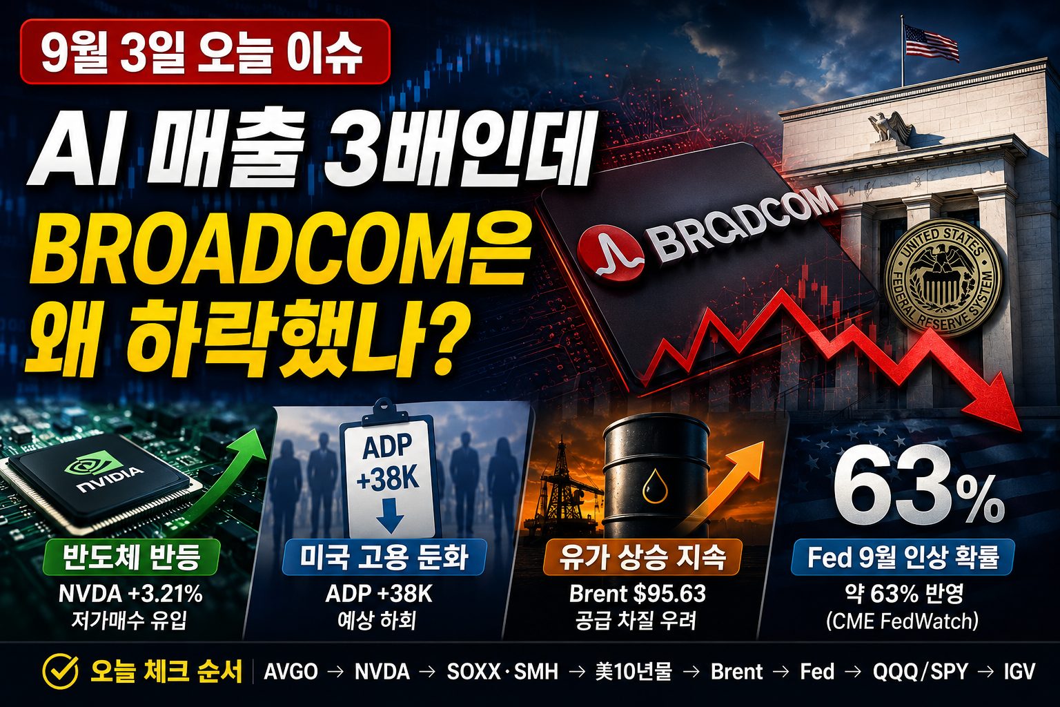 2026년 9월 3일 Broadcom AI 칩 매출 급증과 주가 약세, Nvidia 반도체 반등, 미국 고용과 국제유가를 정리한 미장지도 오늘 이슈