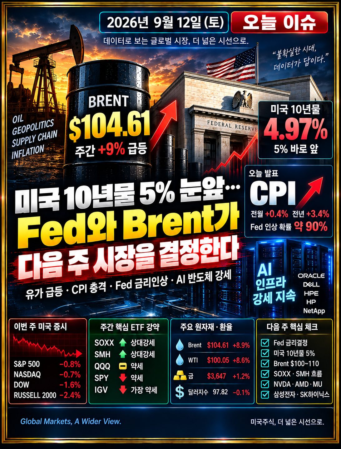 2026년 9월 12일 미장지도 오늘이슈 - 미국 10년물 5% 접근, Brent 100달러 이상, Fed 금리결정과 AI 반도체 상대강세