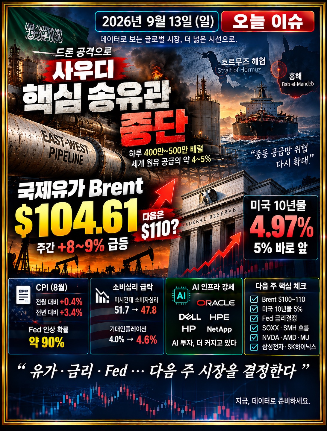 2026년 9월 13일 미장지도 오늘이슈 - 사우디 East-West 송유관 중단과 Brent 국제유가, 미국 10년물 5% 및 AI 반도체 시장 전망