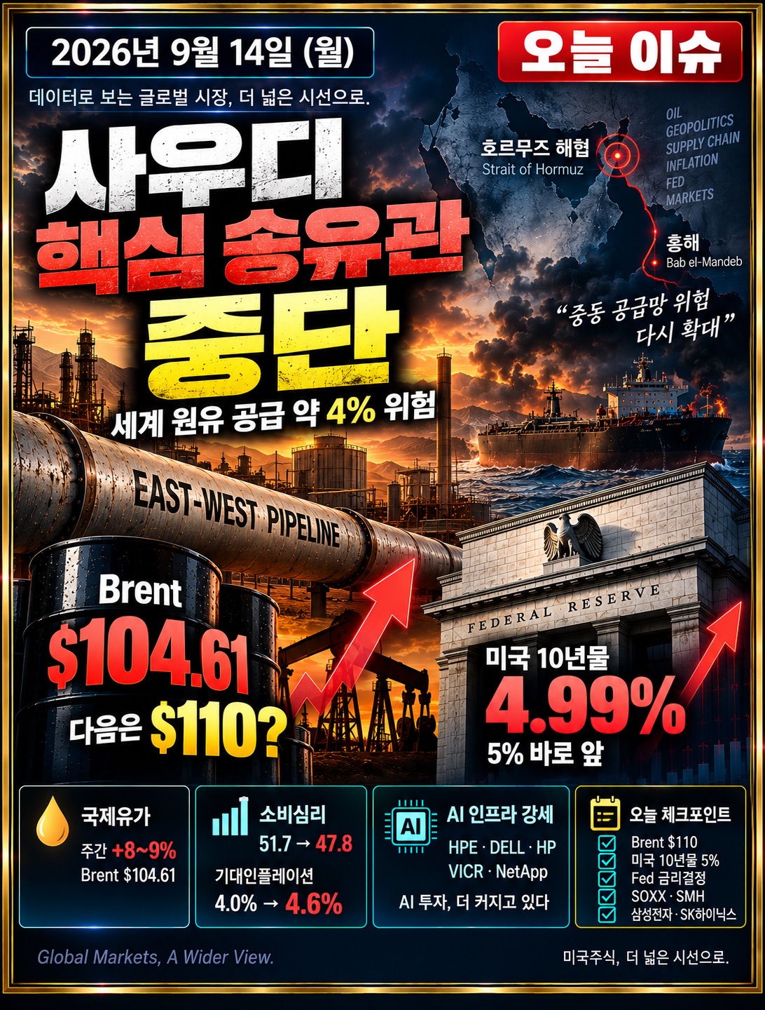 2026년 9월 14일 미장지도 오늘이슈 - 사우디 East-West 송유관 중단, 호르무즈 원유 공급 위험, Brent 110달러와 미국 10년물 5% 체크