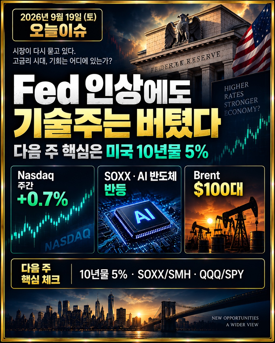 2026년 9월 19일 미장지도 오늘이슈 - Fed 금리인상 이후 Nasdaq 상대강세와 미국 10년물 5%, AI 반도체 및 국제유가 핵심 체크