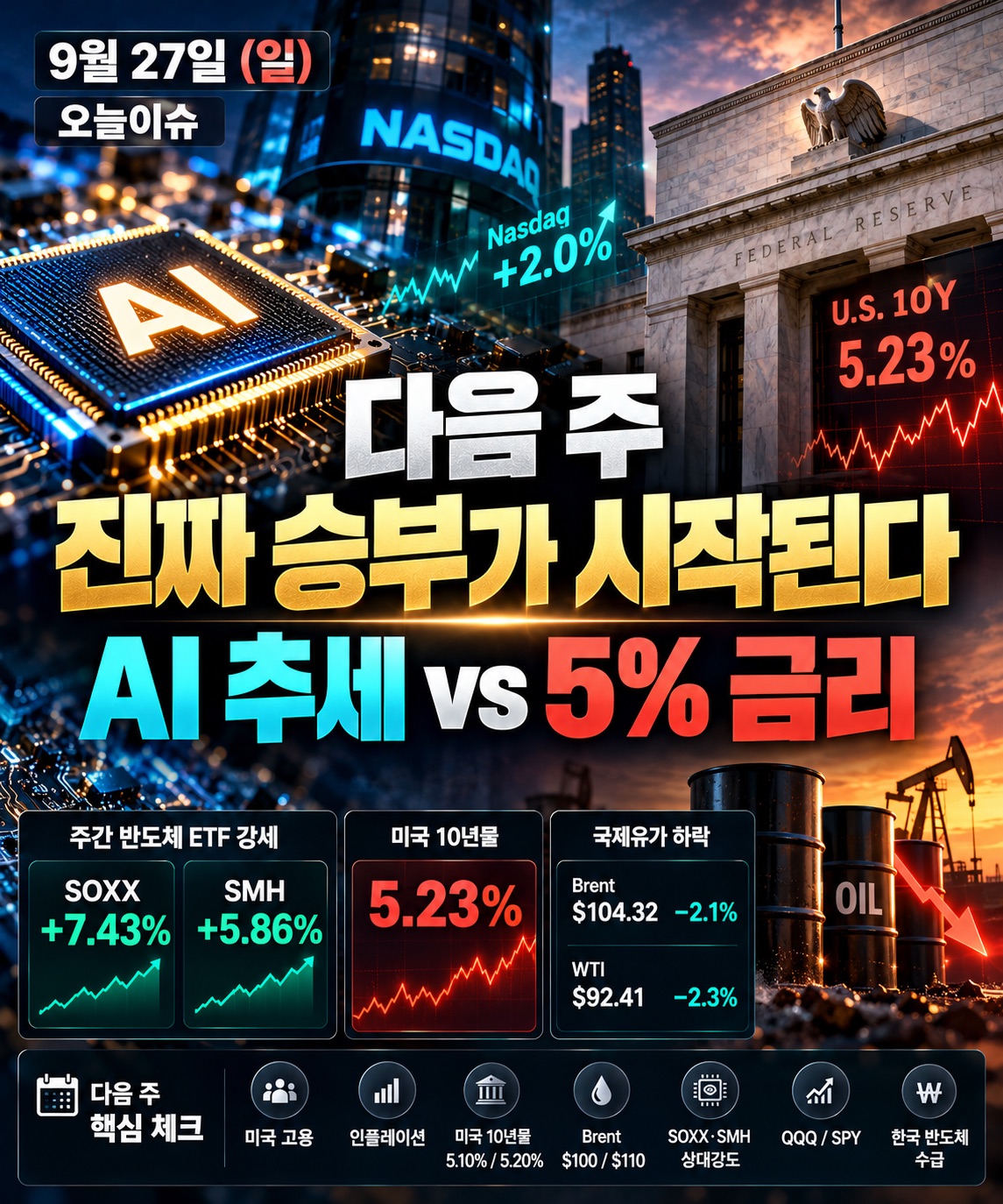 9월 27일 오늘이슈 - AI 반도체 강세와 미국 10년물 5%대, 다음 주 고용과 인플레이션 핵심 변수