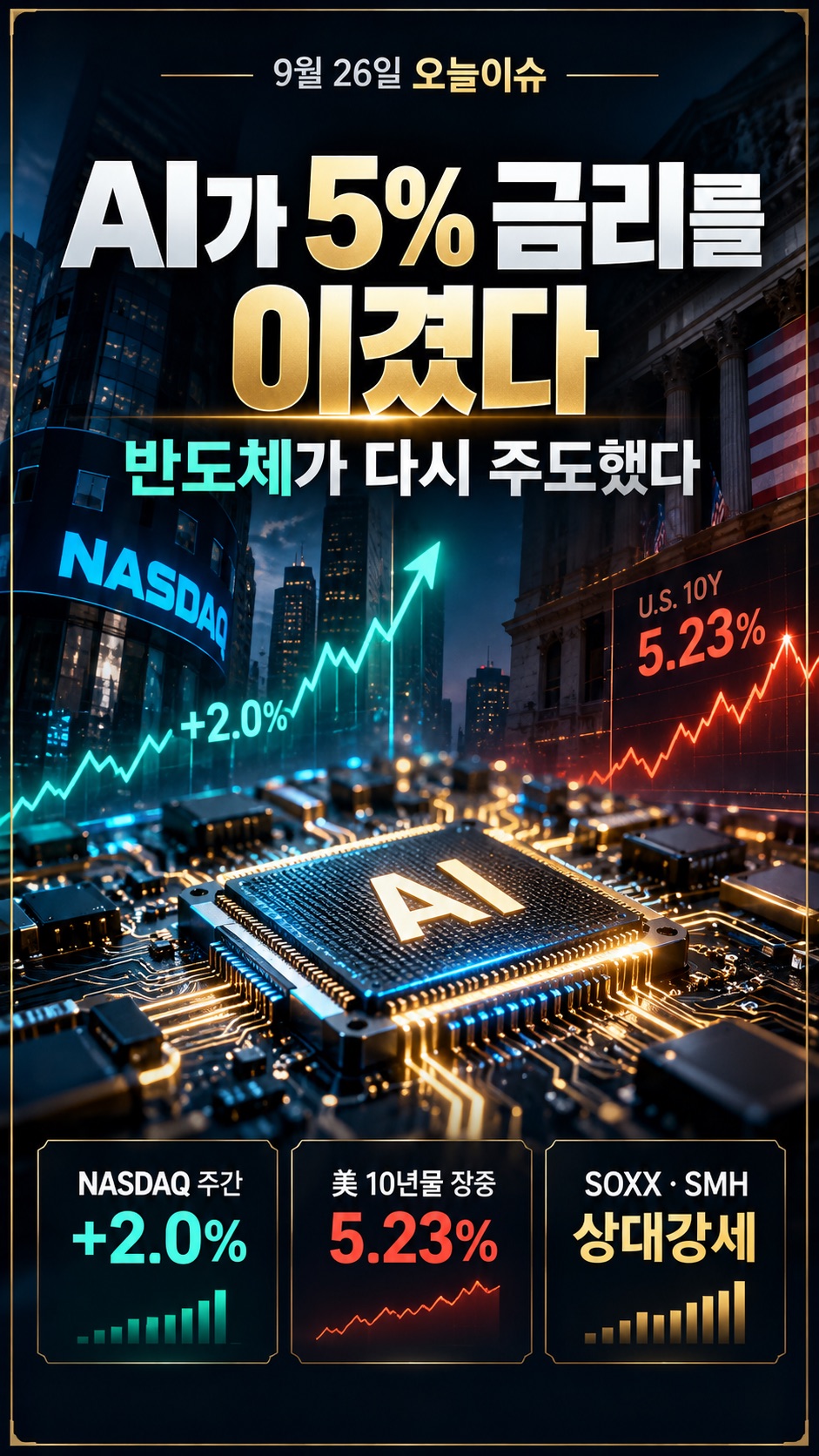 9월 26일 오늘이슈 - 미국 10년물 5%대에도 강세를 보인 AI 반도체와 SOXX SMH 주간 상대강도 분석