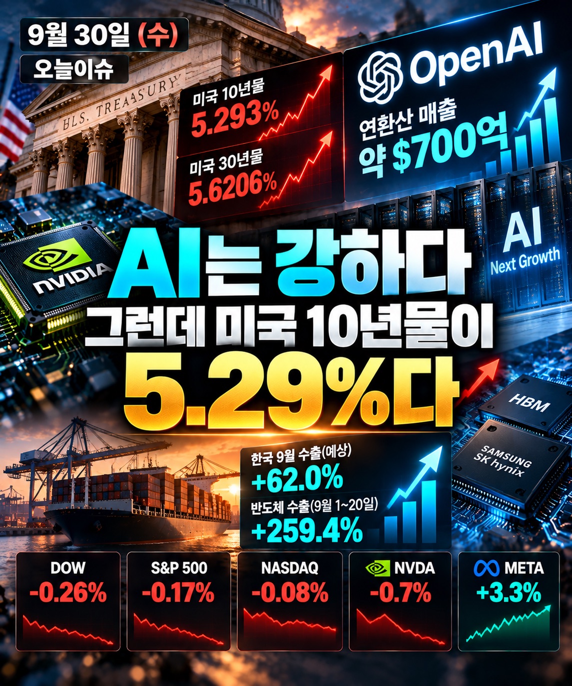 9월 30일 오늘이슈 - 미국 10년물 5.29%와 PCE, AI 매출 성장 및 한국 HBM 반도체 수출 강세