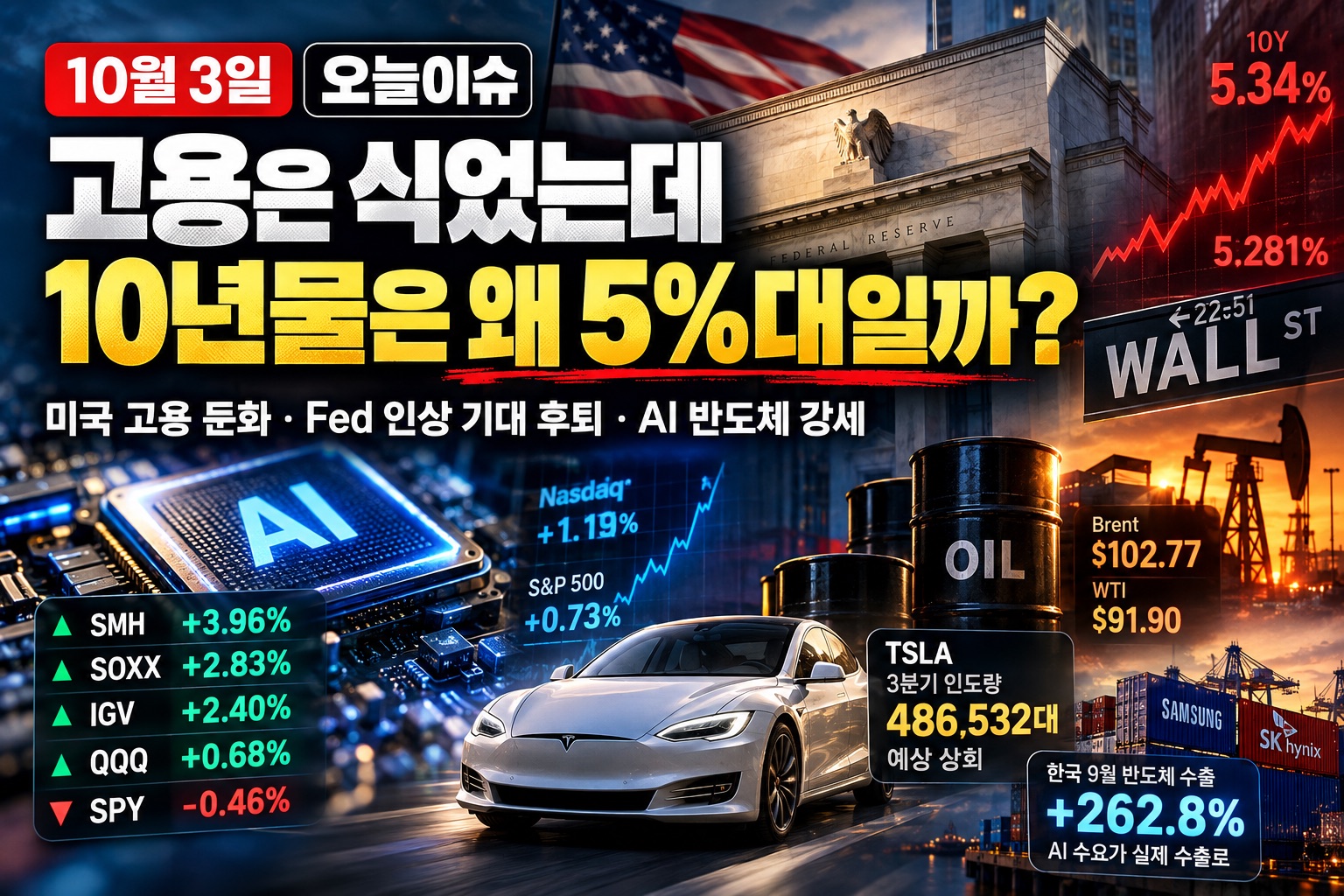 10월 3일 오늘이슈 미국 고용 둔화와 5%대 국채금리, AI 반도체 상대강세 분석