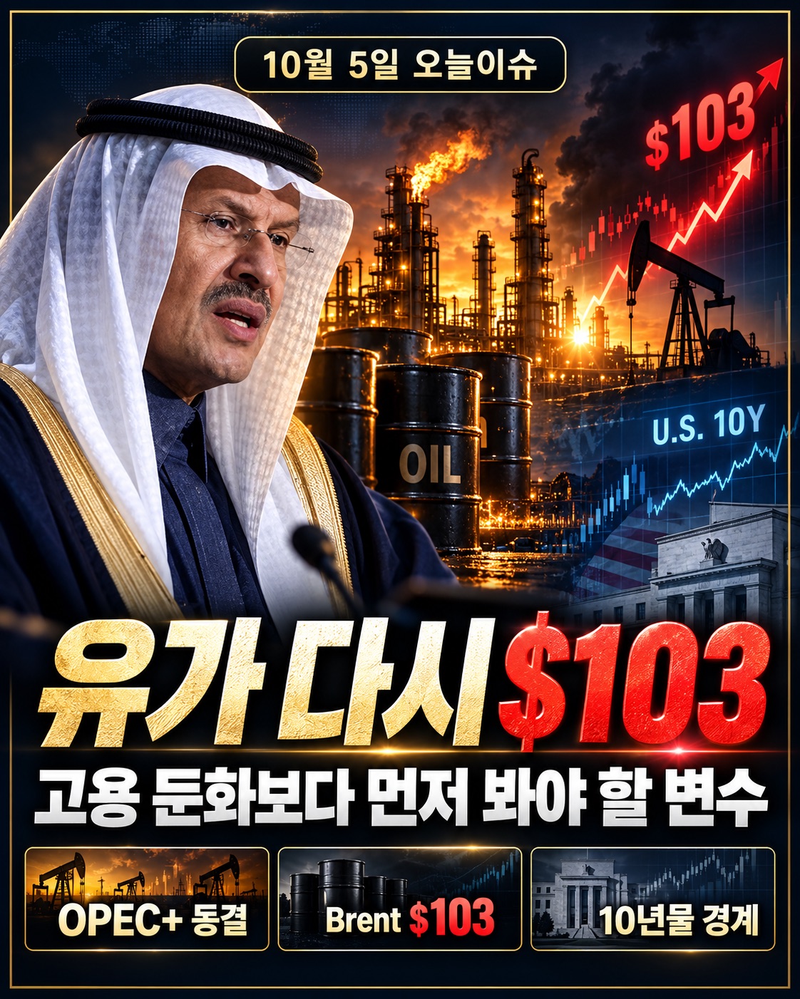 10월 5일 오늘이슈 | 유가 다시 $103…고용 둔화보다 먼저 봐야 할 변수가 생겼다