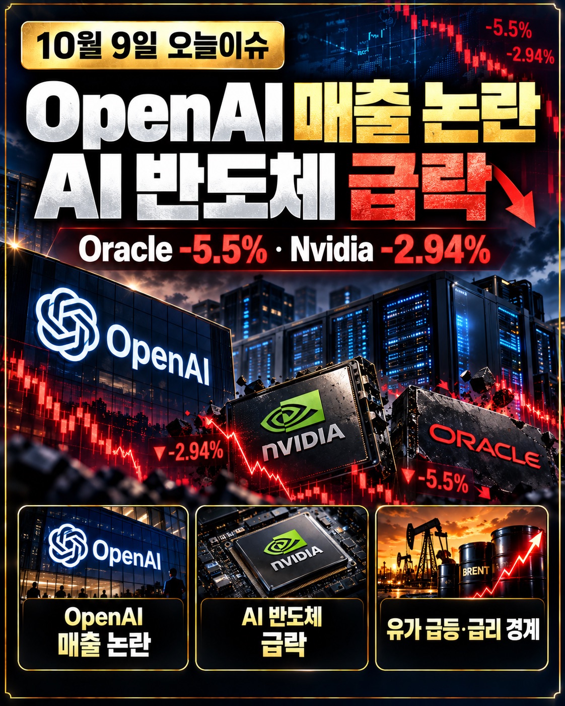 2026년 10월 9일 OpenAI 연환산 매출 논란과 Oracle, Broadcom, Nvidia 급락 및 AI 반도체 시장 분석