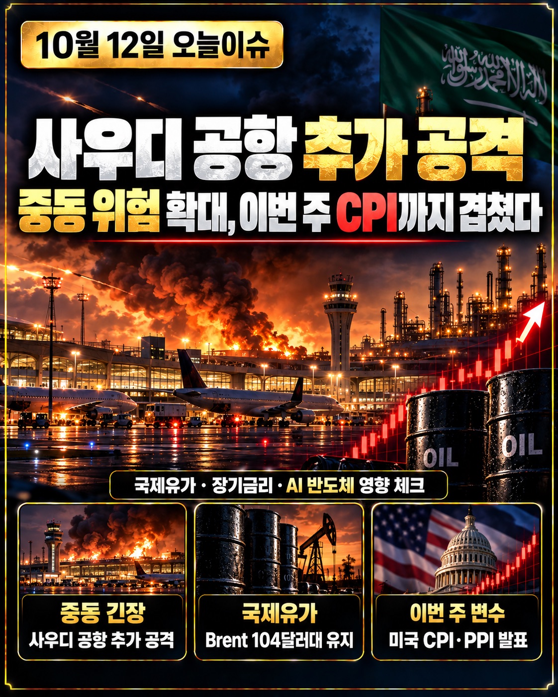 2026년 10월 12일 사우디아라비아 국제공항 추가 공격과 중동 에너지 공급 위험, 미국 CPI 및 AI 반도체 시장 분석