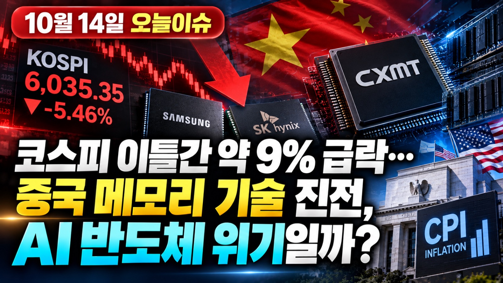 2026년 10월 14일 오늘이슈, 코스피 이틀간 약 9% 급락과 중국 CXMT 메모리 기술 진전, 삼성전자·SK하이닉스 및 AI 반도체 시장 영향 분석