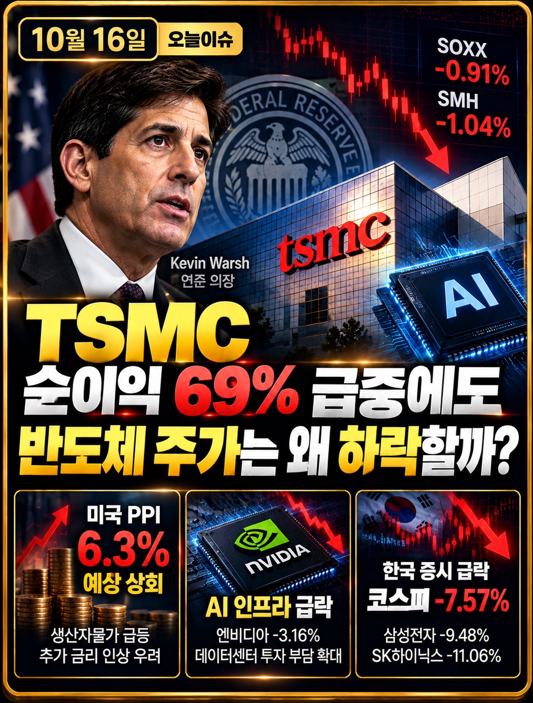 2026년 10월 16일 오늘이슈, TSMC 3분기 순이익 69% 증가와 미국 반도체 ETF 하락, 삼성전자·SK하이닉스 급락 및 미국 PPI 영향 분석