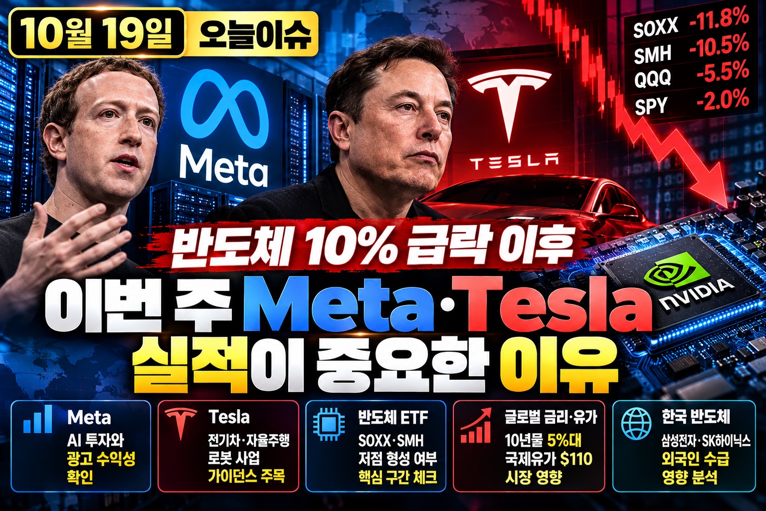 2026년 10월 19일 미장지도 오늘이슈. 미국 반도체 ETF SOXX·SMH 급락 이후 메타(Meta)와 테슬라(Tesla) 실적이 중요한 이유. AI 투자 수익성, 엔비디아, 반도체 시장 반등 조건과 한국 반도체 영향 분석.