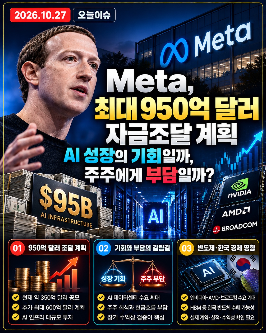 2026년 10월 27일 오늘이슈. Meta의 최대 950억 달러 AI 인프라 자금조달 계획과 엔비디아·AMD·브로드컴의 반도체 수요, 주주 희석 위험 및 현금흐름 부담을 분석한 금융뉴스 커버.